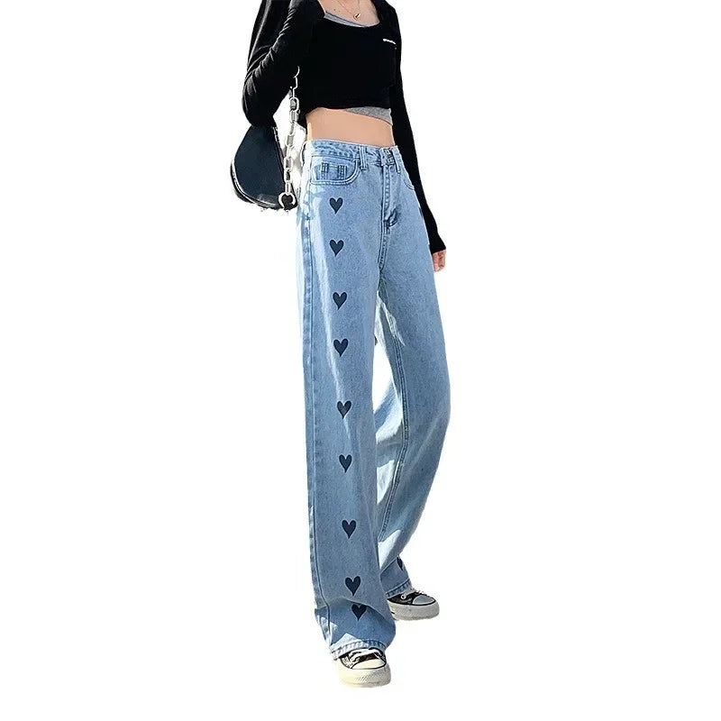 Women's Straight-leg Loose-fit Heart Embroidery Draped Trailer Pants