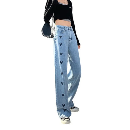 Women's Straight-leg Loose-fit Heart Embroidery Draped Trailer Pants
