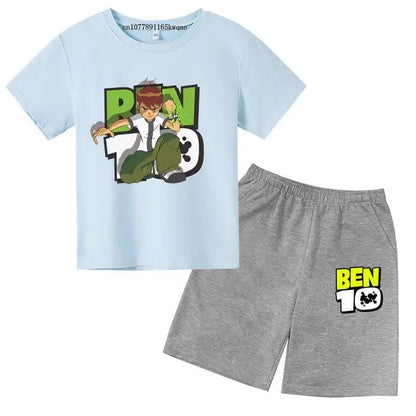 Kids Cartoon Ben Tennyson 10 Print Summer 2pcs Breathable Tees+Shorts Sports Suits 2-13Years Boys Girls Outfits Children Clothes