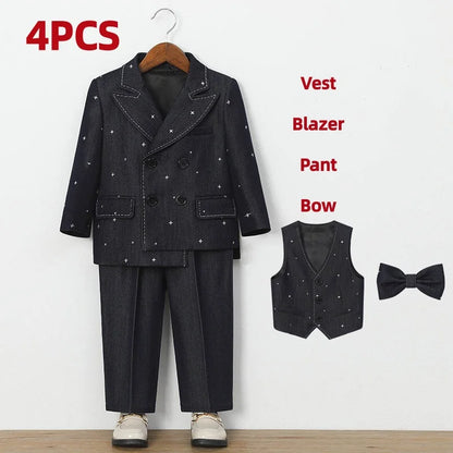 Autumn Children Boys Wedding Suit Star Printed Blazer Vest Pant 3/4/5Pcs Suit Outfit Set Formal Elagant Suit For Boys 1-10 Years