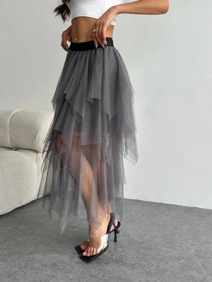 Ladies' high waisted elastic waist layered chiffon midi skirt with irregular asymmetric hem party casual mesh fairy ballet skirt