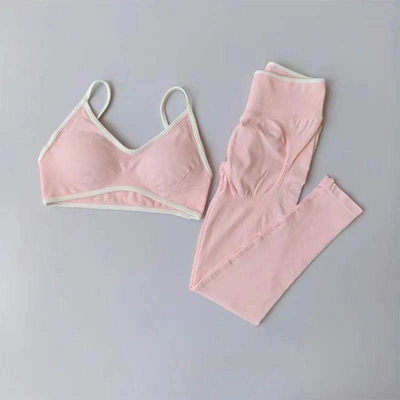 Seamless 2PCS Legging Sets Women's Strappy Sports Bras and Leggings High Waist Fitness Sculpt Leggings Running Pants Gym Suits