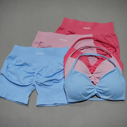 Women 2PCS Fitness Sports Set Lace Up Yoga Bra High Waist Short Leggings Seamless Cycling Running Workout Activewear