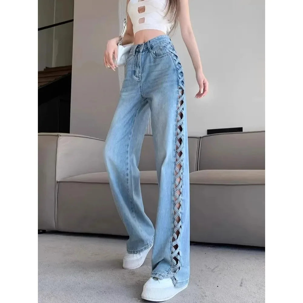 Calça Jeans Feminina Casual Mom Desfiada Cintura Alta Calça Larga Botão Zíper Perna Larga Calça Solta para Escritório Primavera Balada Y2k Streetwear