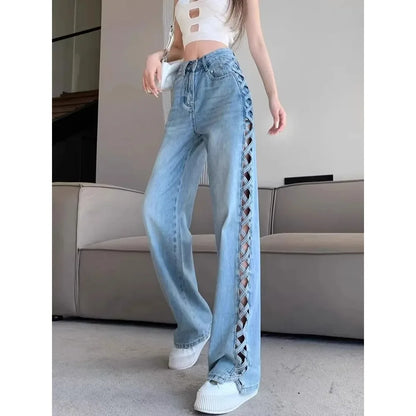 Calça Jeans Feminina Casual Mom Desfiada Cintura Alta Calça Larga Botão Zíper Perna Larga Calça Solta para Escritório Primavera Balada Y2k Streetwear