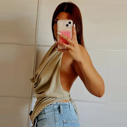 2025 Rivet Halter Neck Tops For Woman Autumn Sexy Crop Ruffled Tanks & Camis Female Sleeveless Backless Tank Top Chic Vests