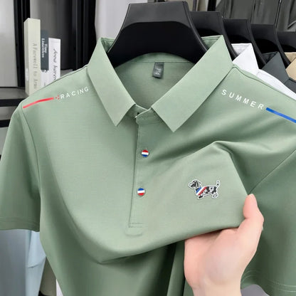 New Business Men's Lapel Polo Shirt High End Design Cartoon Dog Print Short Sleeve T-Shirt Summer Fashion Breathable Men's Wear