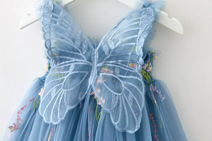 Girls Princess Dress with 3D Wings - Sparkle Tulle Sleeveless Gown, Fairy Puffy Party Dress for Birthday & Holiday