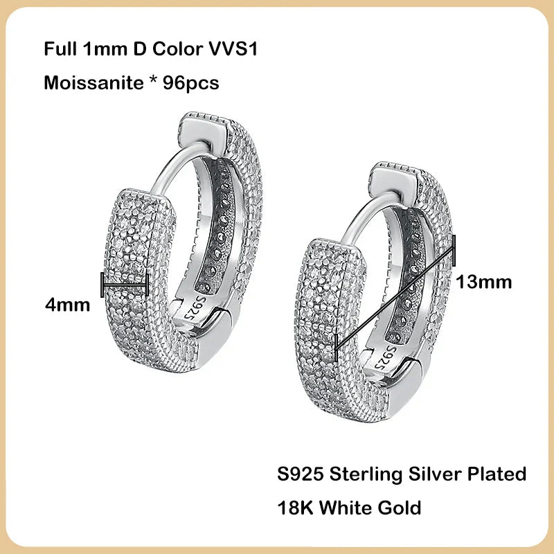 Luxury Real D Color Full 1mm Moissanite Hoop Earrings For Women S925 Sterling Silver Plated 18K Gold Diamond Earring