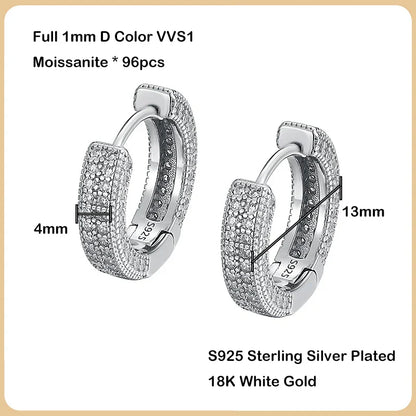 Luxury Real D Color Full 1mm Moissanite Hoop Earrings For Women S925 Sterling Silver Plated 18K Gold Diamond Earring