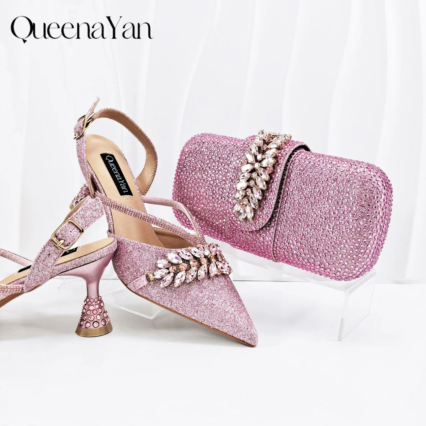 New Arrival Fashionable Olive Color Diamond Decorative Party Wedding Pointed Toe Women's High Heels and Bag Set