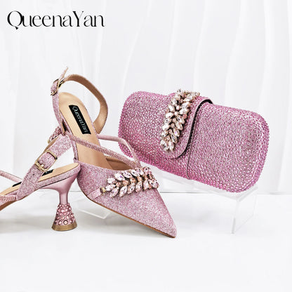 New Arrival Fashionable Olive Color Diamond Decorative Party Wedding Pointed Toe Women's High Heels and Bag Set