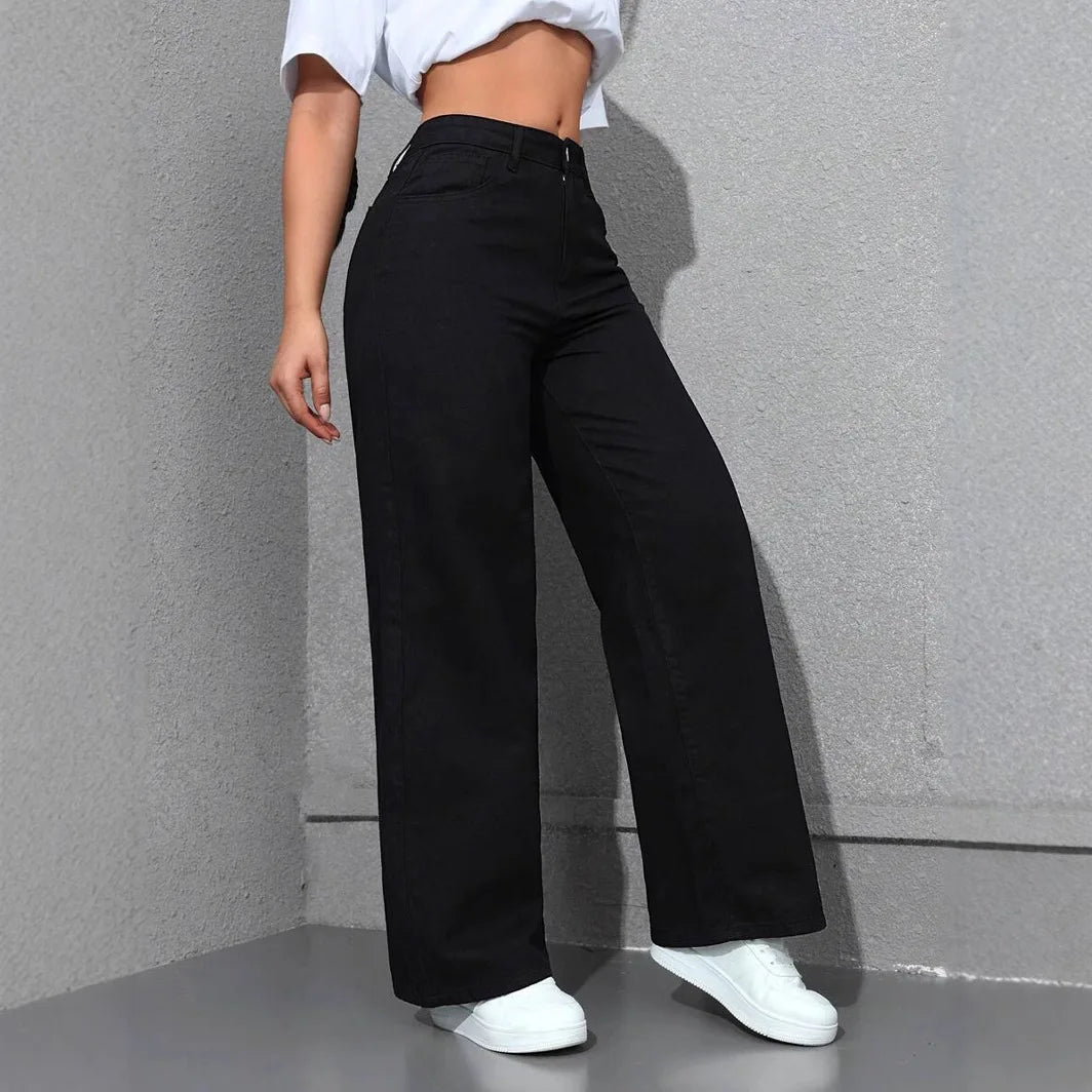 Women Streetwear Jeans Washed Distressed High Waist Straight Trousers