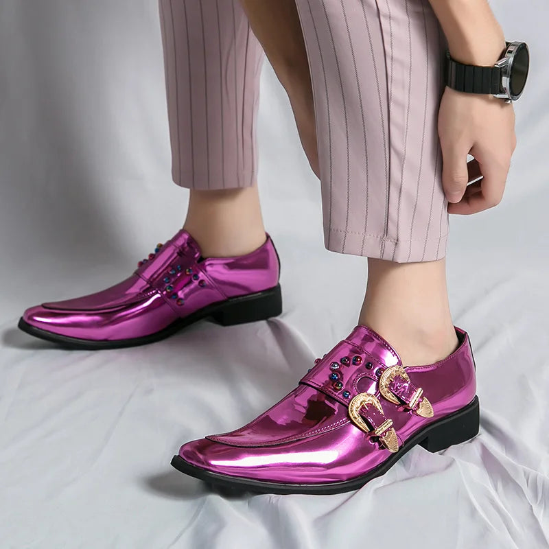 Pink Mens Patent Leather Shoes Designer High Quality Pointed Chelsea Formal Shoes Man Dress Wedding Party Shoes Men