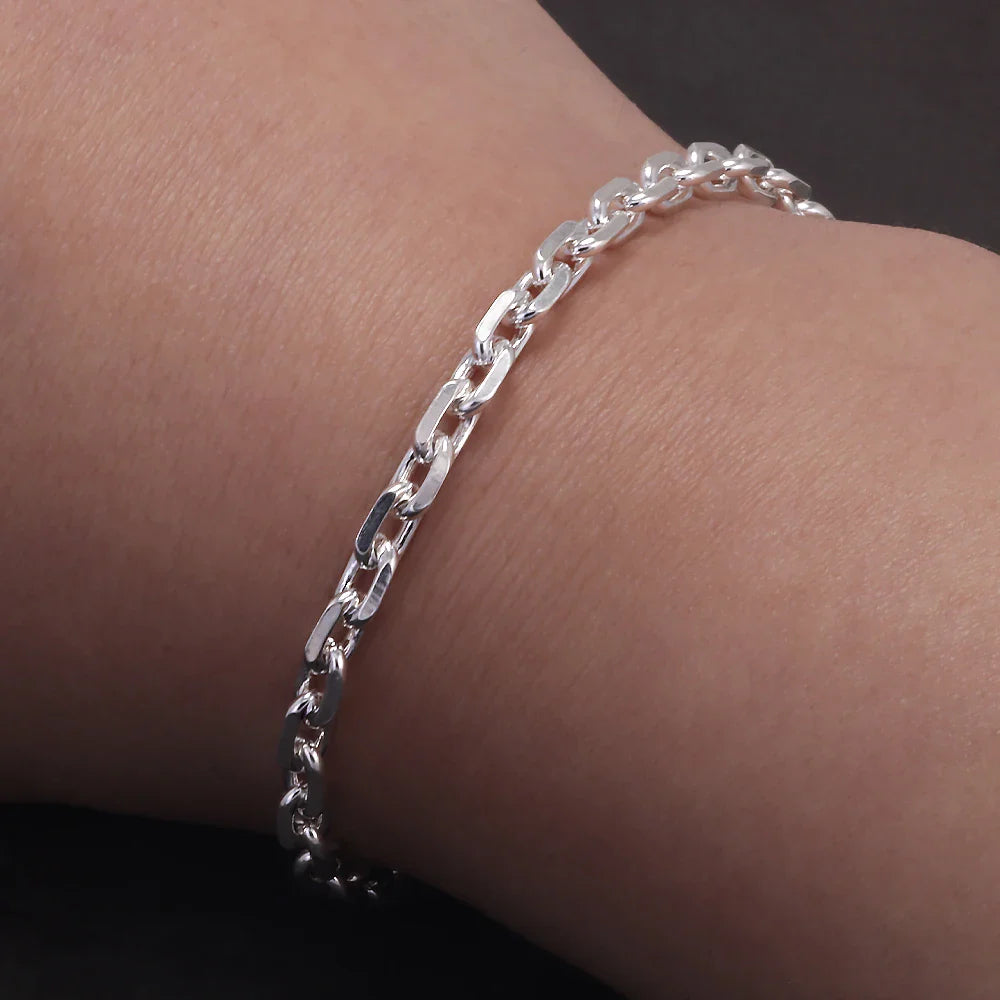 4mm 925 Sterling Silver Diamond-Cut Paperclip Chain Bracelet for Men Cable Link Chain Simple Hiphop Fashion Party Jewelry