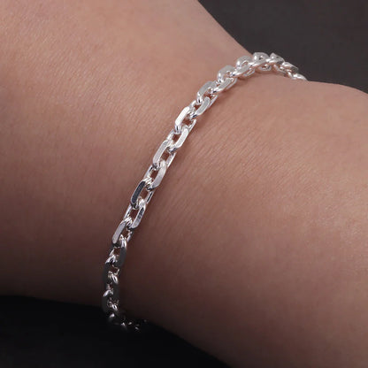 4mm 925 Sterling Silver Diamond-Cut Paperclip Chain Bracelet for Men Cable Link Chain Simple Hiphop Fashion Party Jewelry