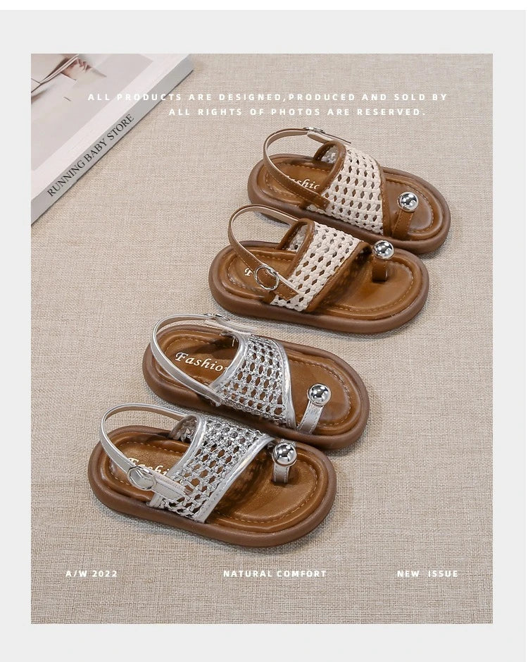 Children's Shoes Girls Flip-flops 2025 Brand Summer Sandals for Kids Fashion Braided Beach Shoes Princess Flat Slingbacks I05281