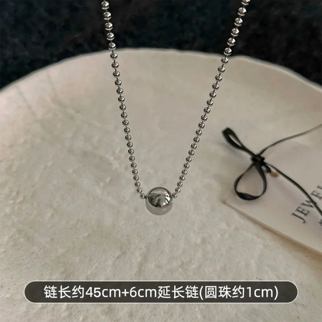 Personality Design Silver Color Stainless Steel Beaded Ball Pendant Necklace for Women Double Layer Hip Hop Rock Chokers Jewelry