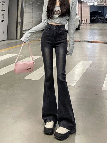 Autumn Winter American Sle High Waist Slim Fit Drapey Micro Flared Jeans Women's Premium Denim Pants