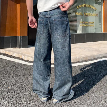 American-style distressed wide-leg jeans, loose-fitting washed and distressed straight-leg jeans, trendy brand.