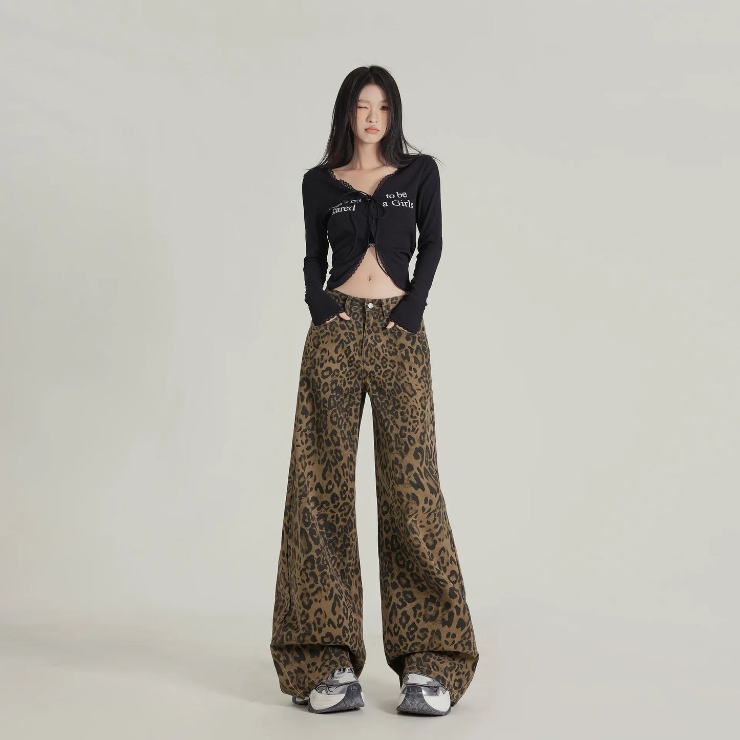 High Waist Leopard Jeans Women Wide Leg Jean