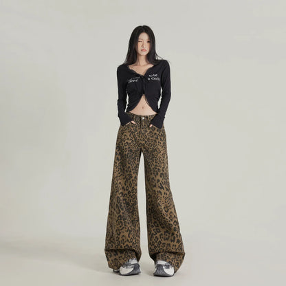 High Waist Leopard Jeans Women Wide Leg Jean