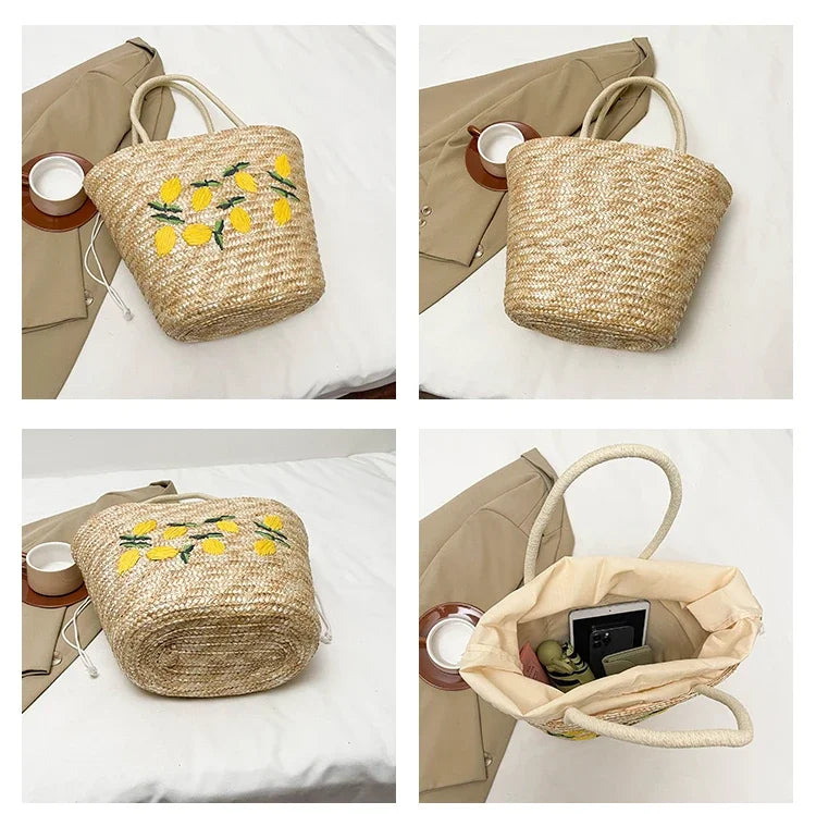 Embroidery Fruit Solid Color Shoulder Bag Straw Woven Hollow Versatile 2025 High Quality Bags for Women New Beach Handbags