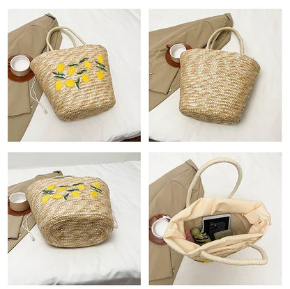Embroidery Fruit Solid Color Shoulder Bag Straw Woven Hollow Versatile 2025 High Quality Bags for Women New Beach Handbags