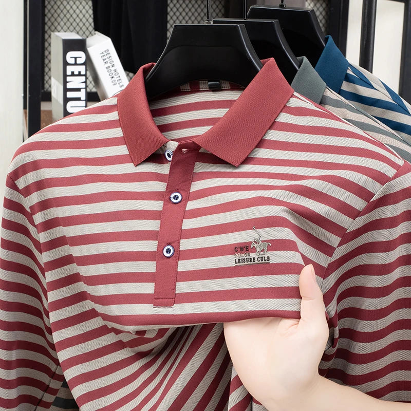 2025 new spring and autumn season new men's striped long sleeved T-shirt business casual lapel polo shirt base top