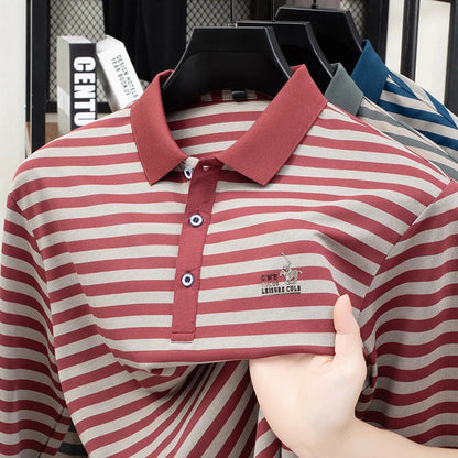 2025 new spring and autumn season new men's striped long sleeved T-shirt business casual lapel polo shirt base top