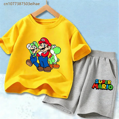 Cute Mario Pattern Children 2 Piece Suits Pure Cotton Short Sleeve Tee Tops + Fashion Shorts Summer Casual Daily Wear