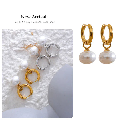 High Quality Imitation Pearls Drop Stainless Steel Golden Korean Hoop Earrings Charms Fashion Jewelry Bijoux Femme Gift