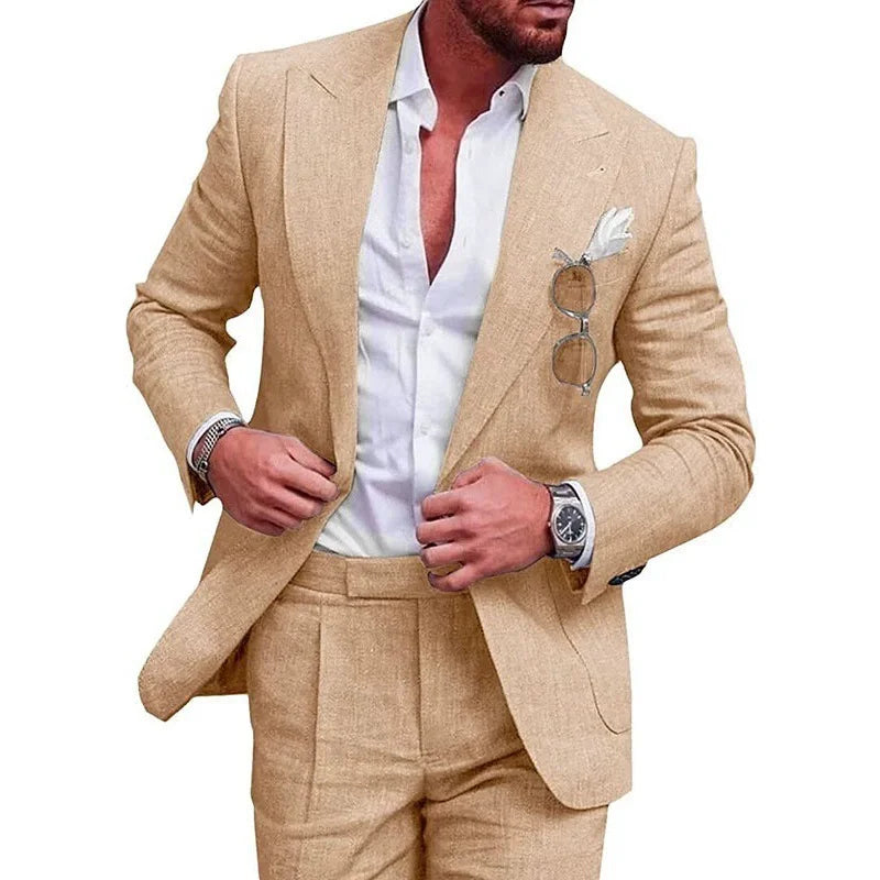Mens Linen Suit for Beach Wedding Slim Fit 2 Piece Wedding Tuxedo for Men Casual Linen Suit Prom Party Suit