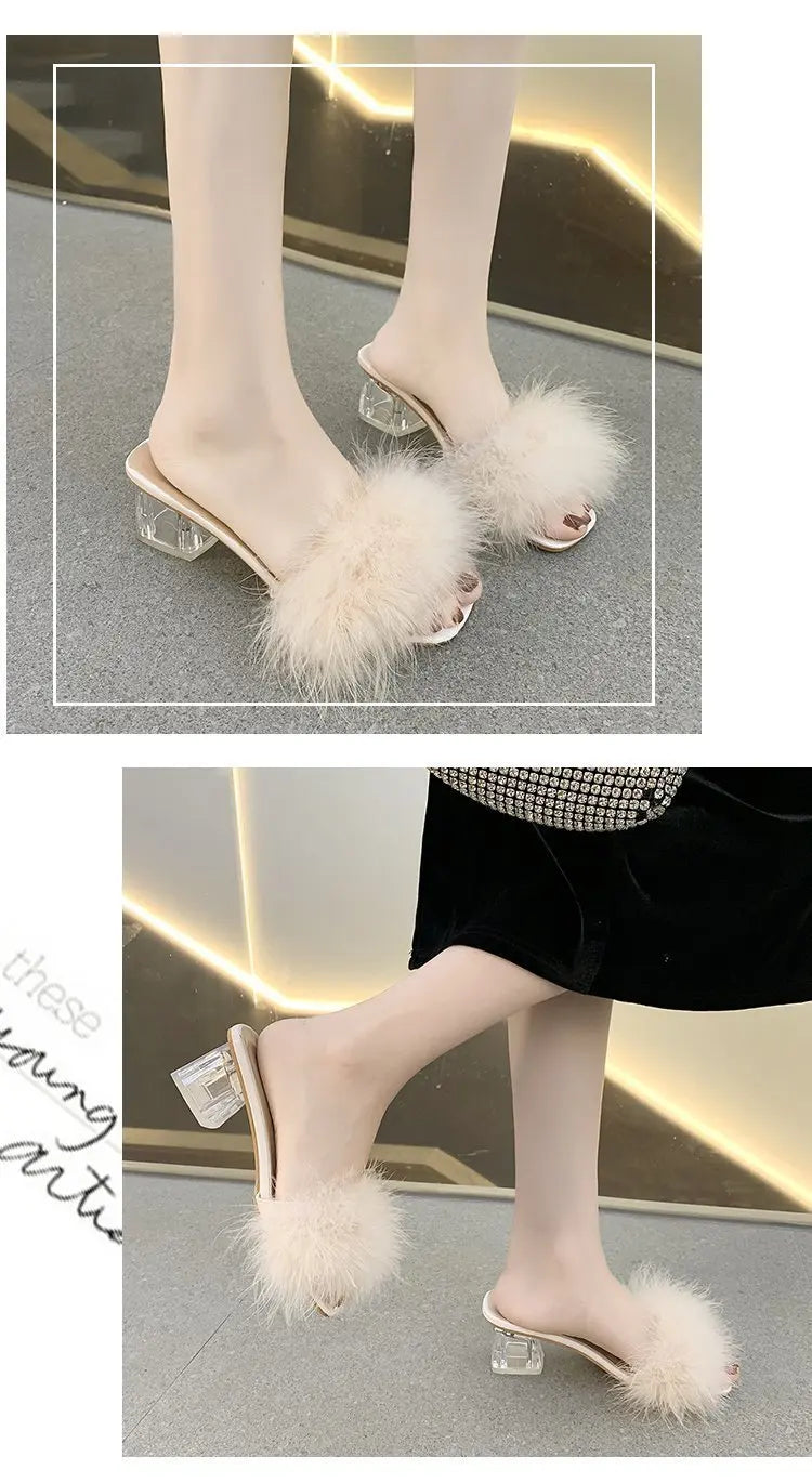 2023 Fluffy Peep Toe Sexy High Heels Women Shoes Fur Feather Lady Fashion Wedding Slip-On Pink Square Toe Women Sandals