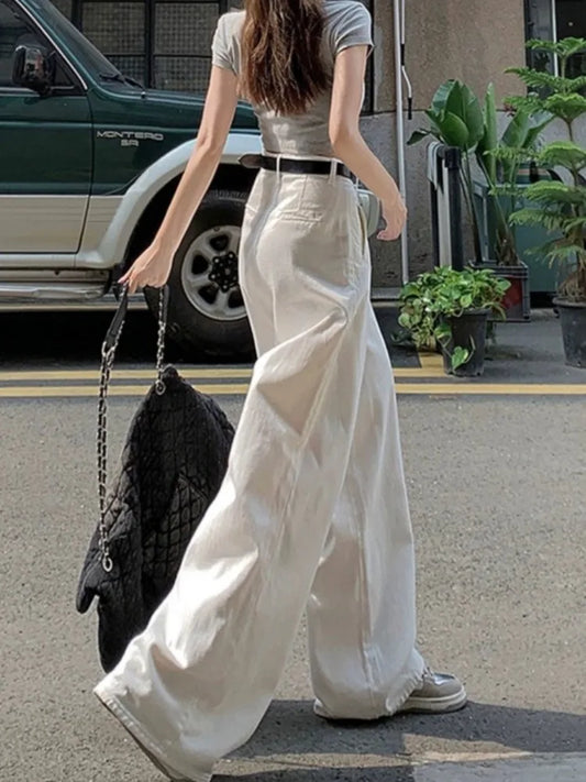 Women Wide Leg Sandy White Hipster Casual Trousers