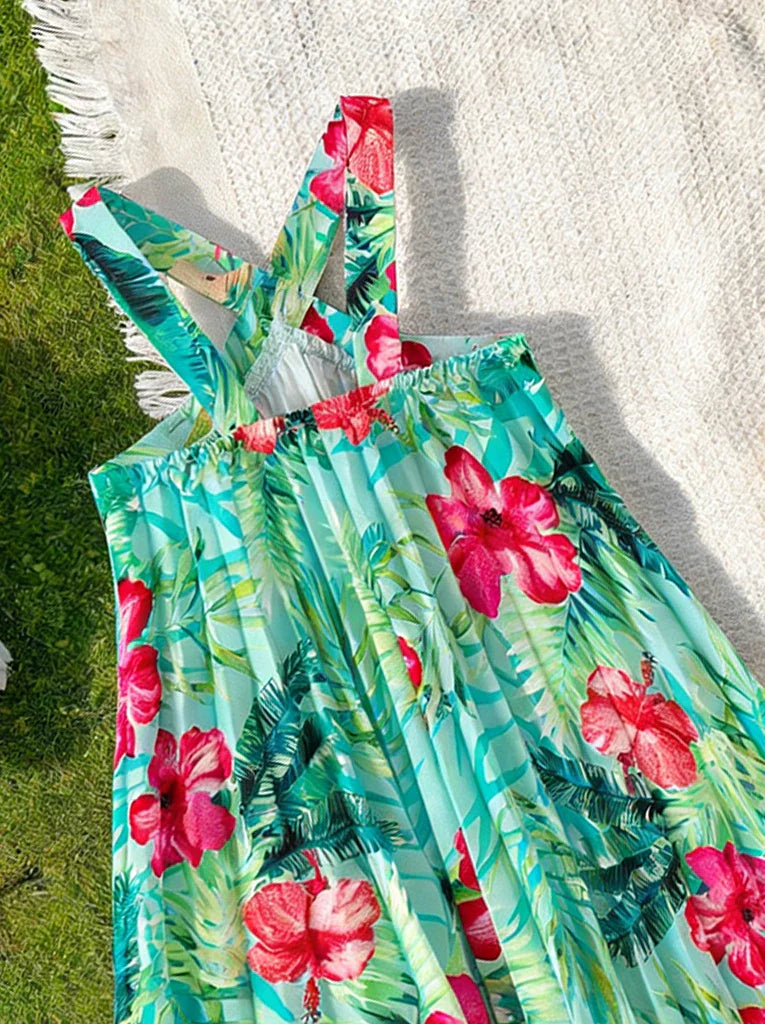 Girls' vacation style cross shoulder strap dress with tropical plant pattern pleated skirt lively and fresh beach travel