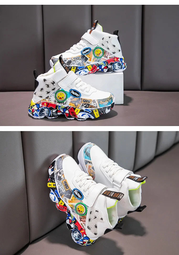 Size 26-37 Children Sports Sneakers for Girls Kid Cartoon Graffiti Pattern Casual Shoes Boys Basketball Shoe Chaussures De Sport
