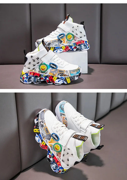 Size 26-37 Children Sports Sneakers for Girls Kid Cartoon Graffiti Pattern Casual Shoes Boys Basketball Shoe Chaussures De Sport