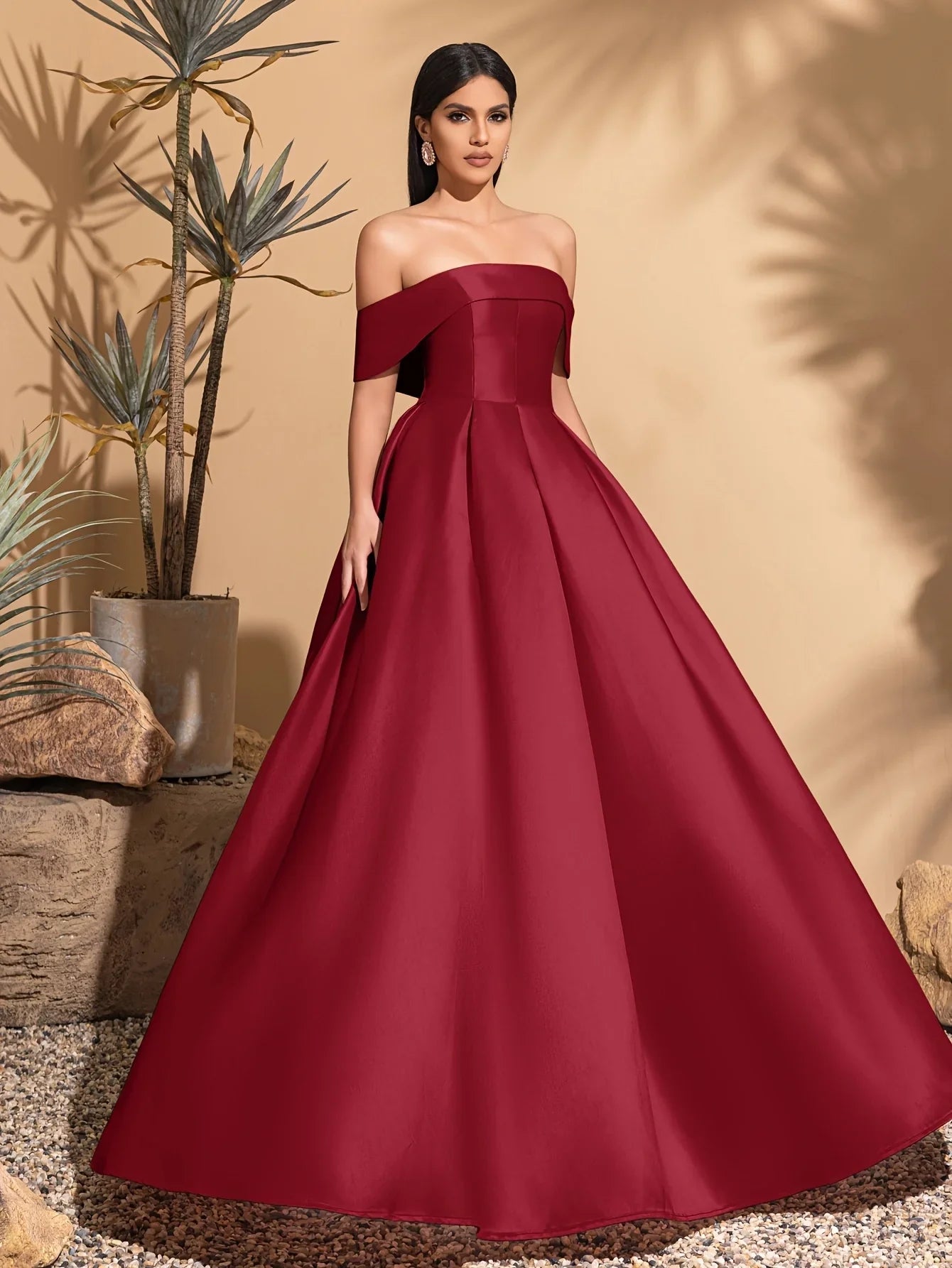 Off-the-shoulder satin dress with back tie, elegant and chic dress