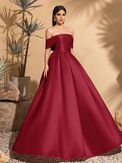 Off-the-shoulder satin dress with back tie, elegant and chic dress