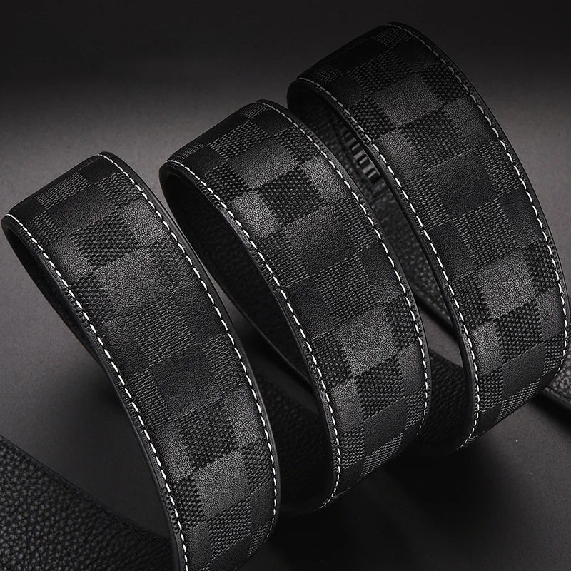 Men Genuine Leather Belt Simple Buckle Design Automatic Ratchet Belt Adjustable Belt