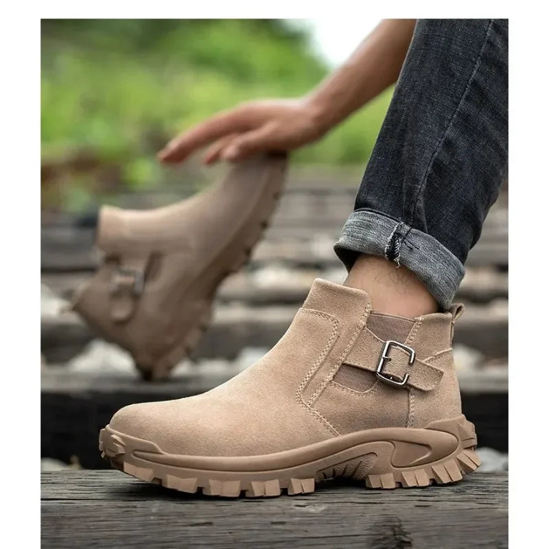 Cowhide and Suede Work Shoes  Outdoor Anti Smashing Safety Desert Boots Chelsea Men's Fashionable Steel Toe Cover Safety Boots