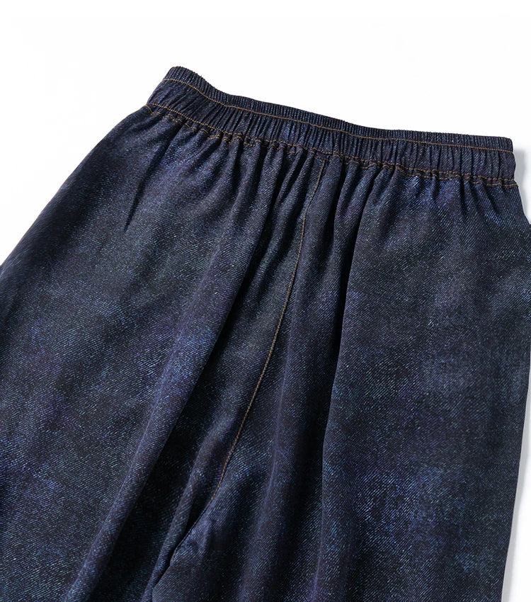 Women Pants 100% Mulberry Silk 16 momme Silk Loose Type Wide Leg Navy Jeans Printed Long Pants Trousers With Pockets L XL M1155