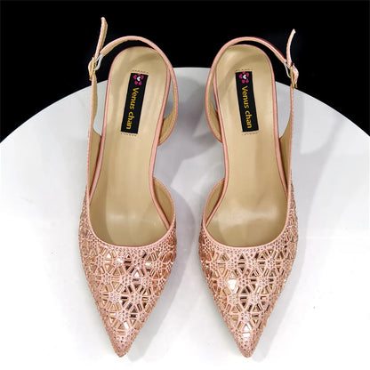 Elegant Black and Gold Pointed-Toe Italian Women's High-Heeled Shoe and Bag Set with Full Diamond Accents
