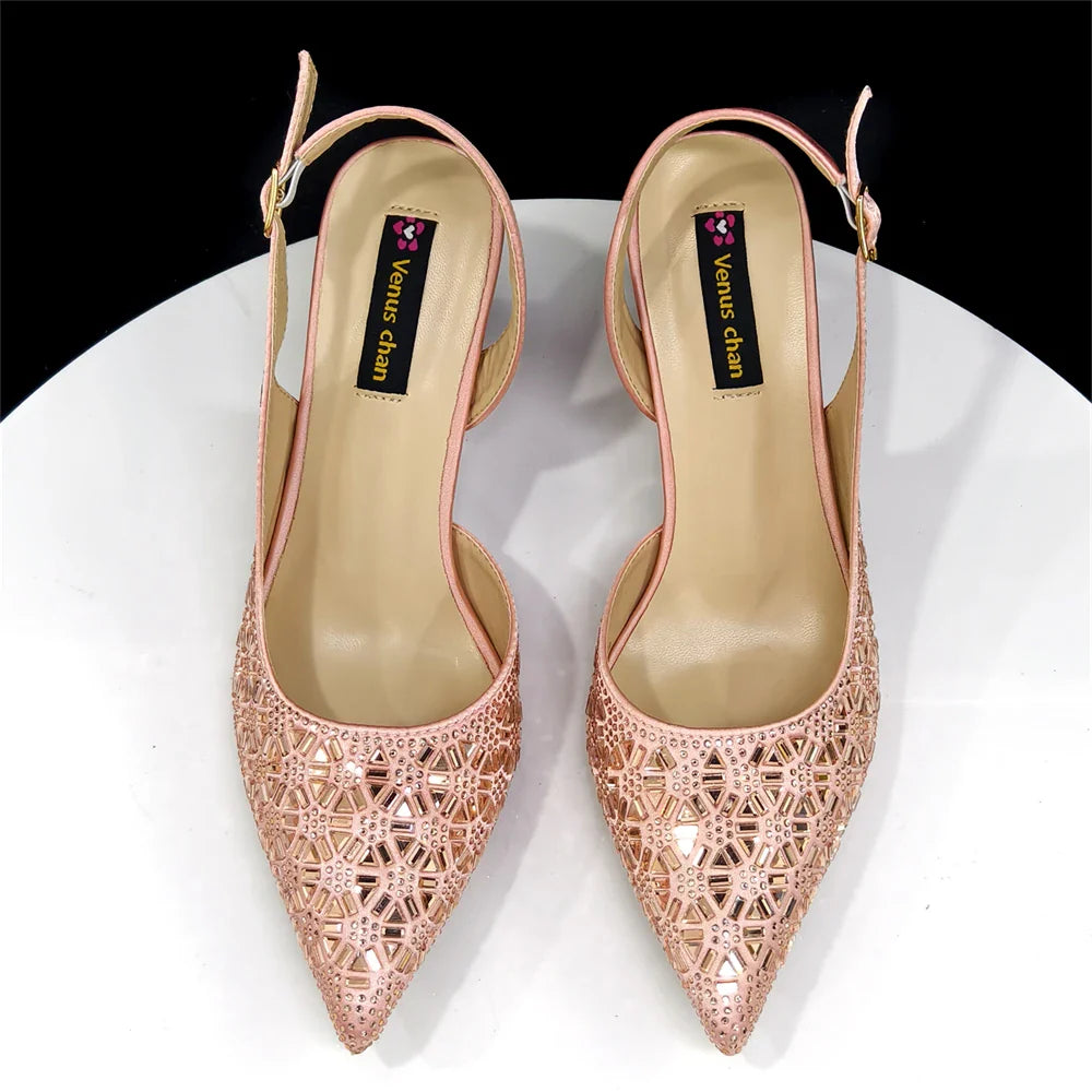 Elegant Champagne Color Pointed-Toe Italian Women's High-Heeled Shoe and Bag Set with Full Diamond Design for Parties