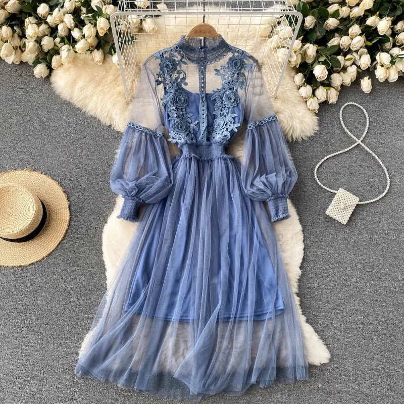 New Lace Flower Mesh Dress Summer Lantern Sleeve White Long Dresses For Women Party Vintage Elegant Dress 2 Piece Sets 12041