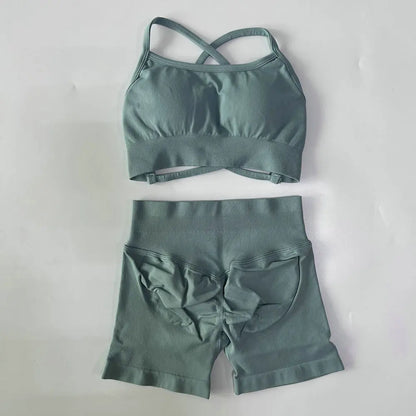 No Logo Women 2 Pieces Yoga Set Cross Straps Bra Beautiful Back Tops High Waist Sport Short Scrunch Bum Workout Short Gym Suit