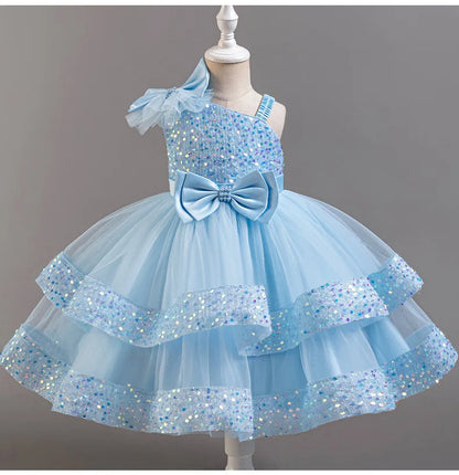 Girl's New Sequined Bow Irregular Collar Mesh Princess Dress Christmas Birthday Party Sweet and Cute Evening Dress