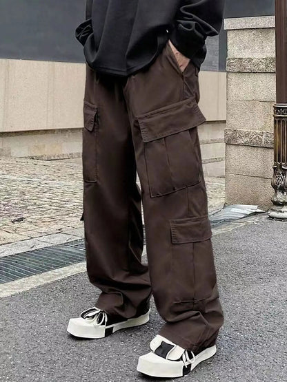 Men's Spring and Autumn Multi-Pocket Cargo Pants with Elastic Waistband and Drawstring Adjustment, Solid Color Multi-Pocket Long Pants Suitable for Outdoor Sports and Leisure