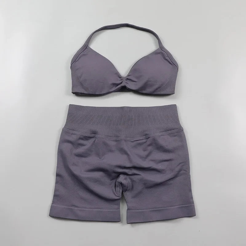 Impact Womens 2 Piece Yoga Set Strappy Seamless Sports Bra and High Waist Scrunch Shorts for Gym Workout and Fitness Training